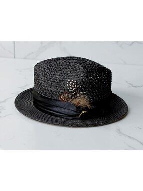 Montique Black Pinch Braided Fedora Brim Hat S 6 7/8" Poly Logo Feathers New